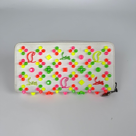 Sold Christian Louboutin Panettone Spike Loubinthesky White Leather Neon Wallet - Picture 4 of 10